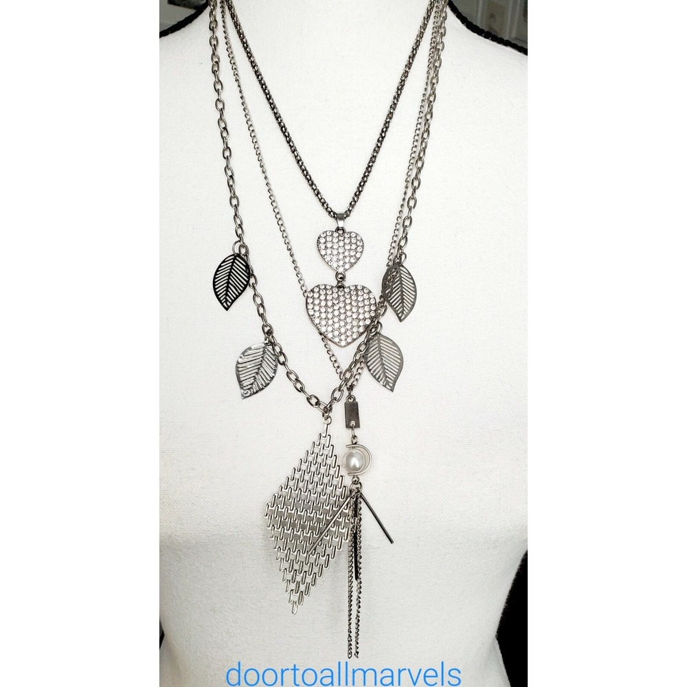 3 Long Necklaces Silver Tone Fine Delicate 17" - 24" Sparkly Pave Leaves Pearl